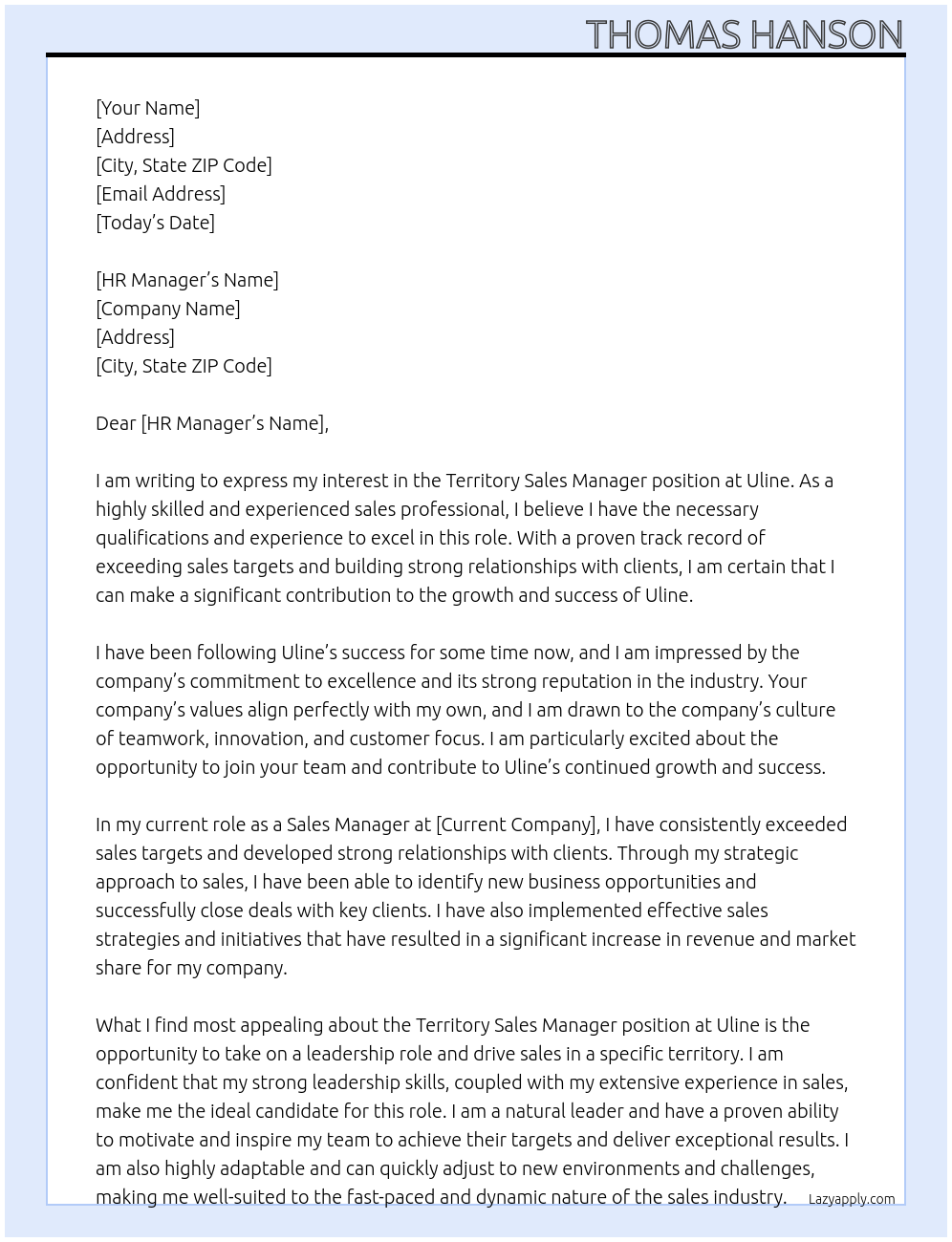 Territory Sales Manager At Uline Cover Letter