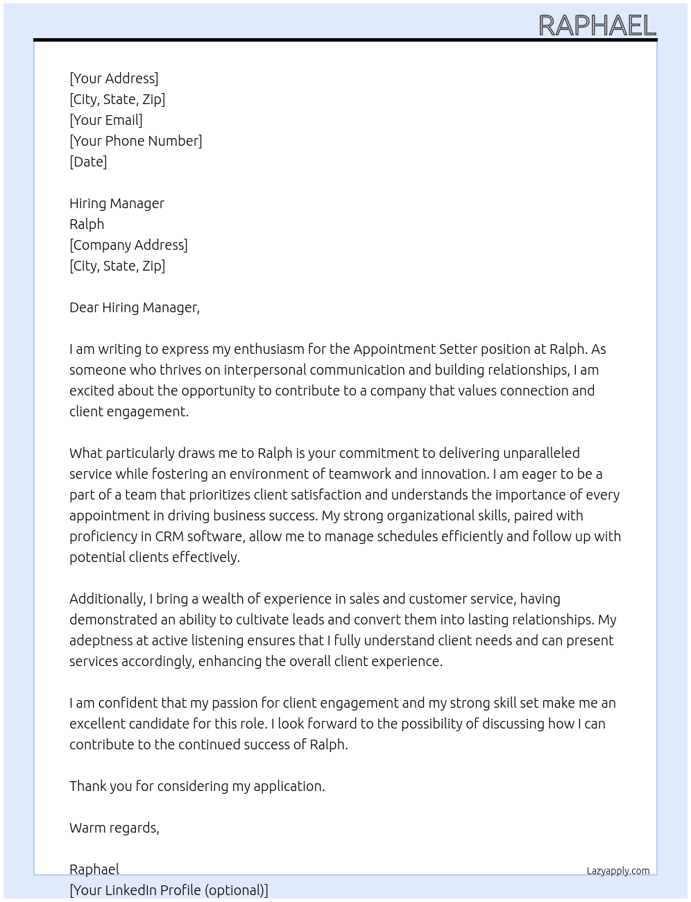 appointment setter At Ralph Cover Letter