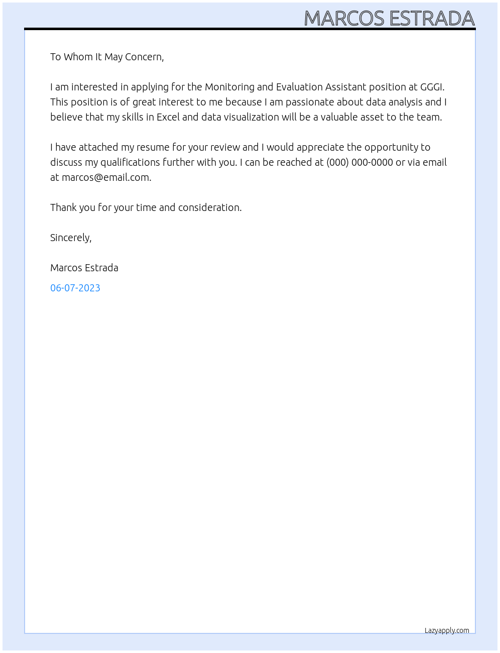 monitoring and evaluation assistant At GGGI Cover Letter