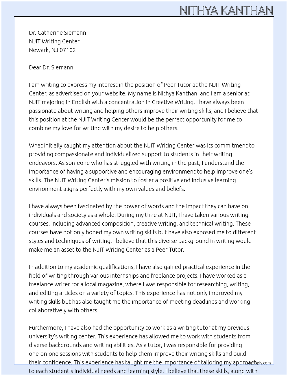 Peer Tutor at Writing Center At NJIT Writing Center Cover Letter
