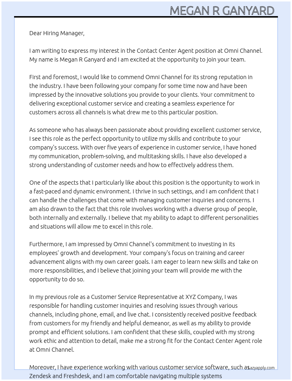 Contact Center Agent At Omni Channel  Cover Letter