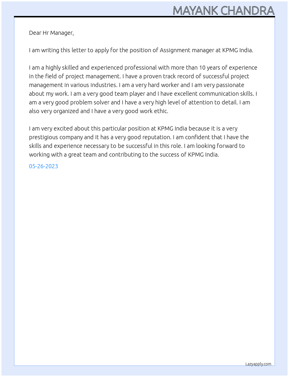 Assignment manager  At KPMG India Cover Letter