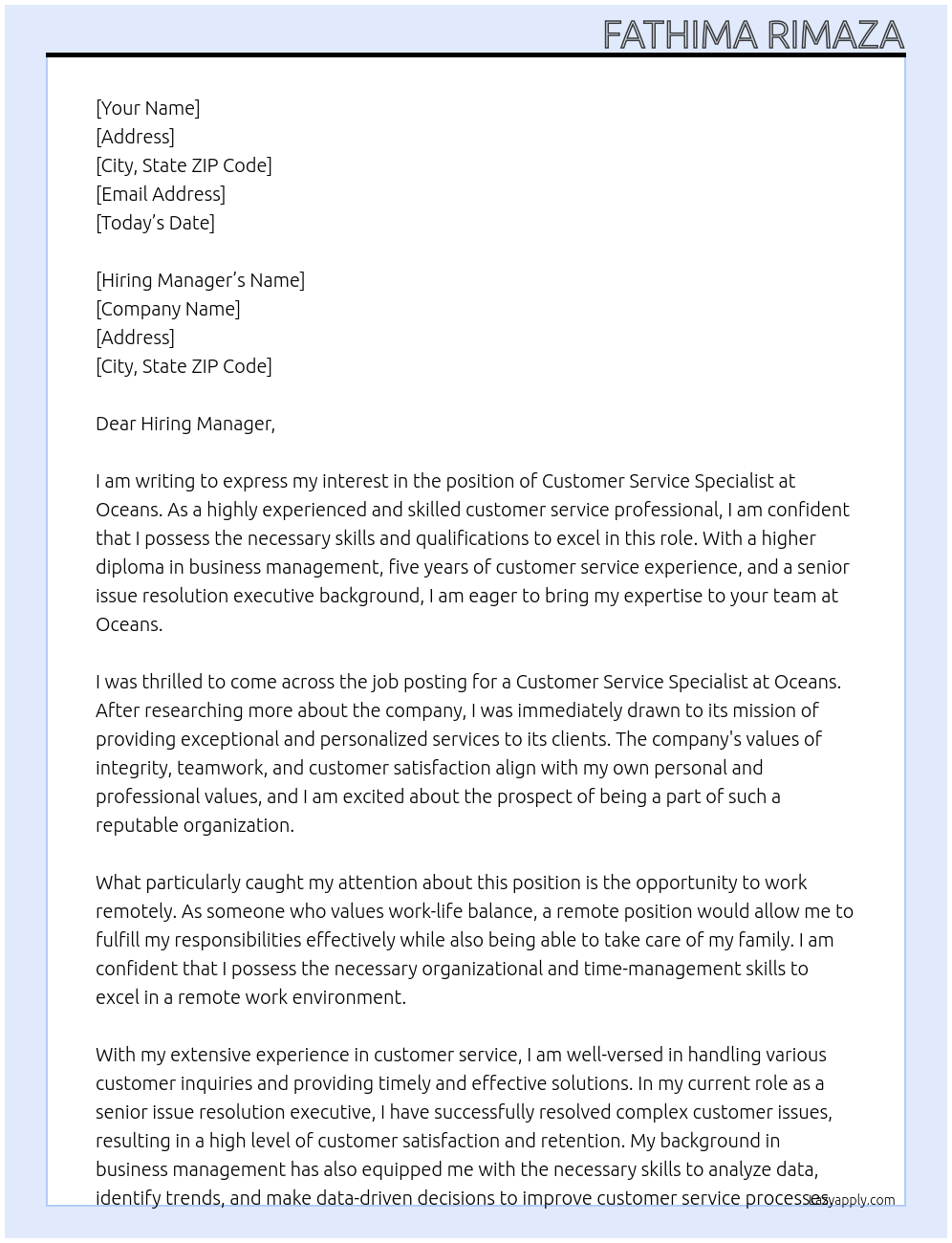 Customer Service Specialist At Oceans Cover Letter