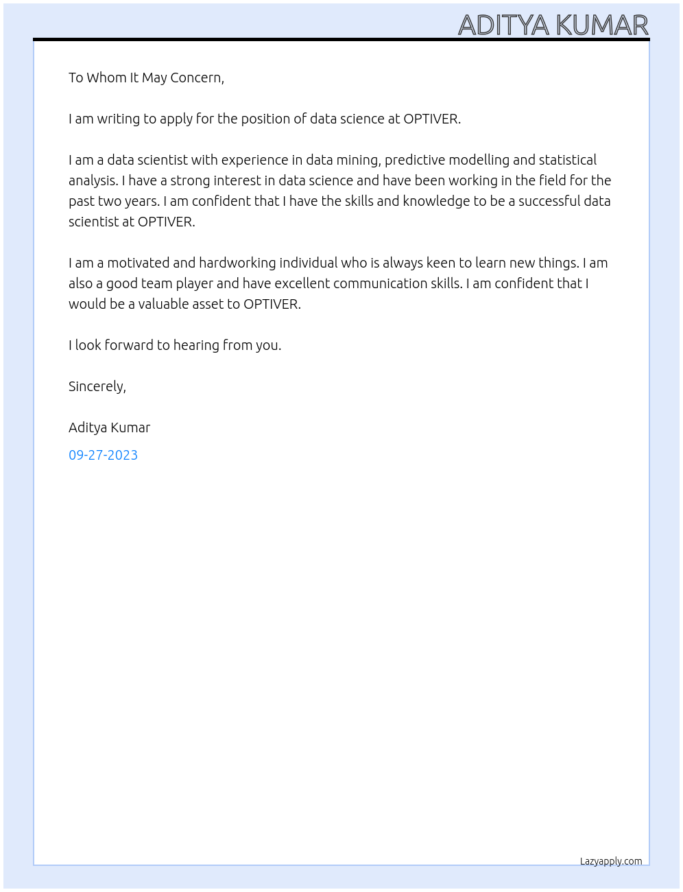 data science At OPTIVER Cover Letter