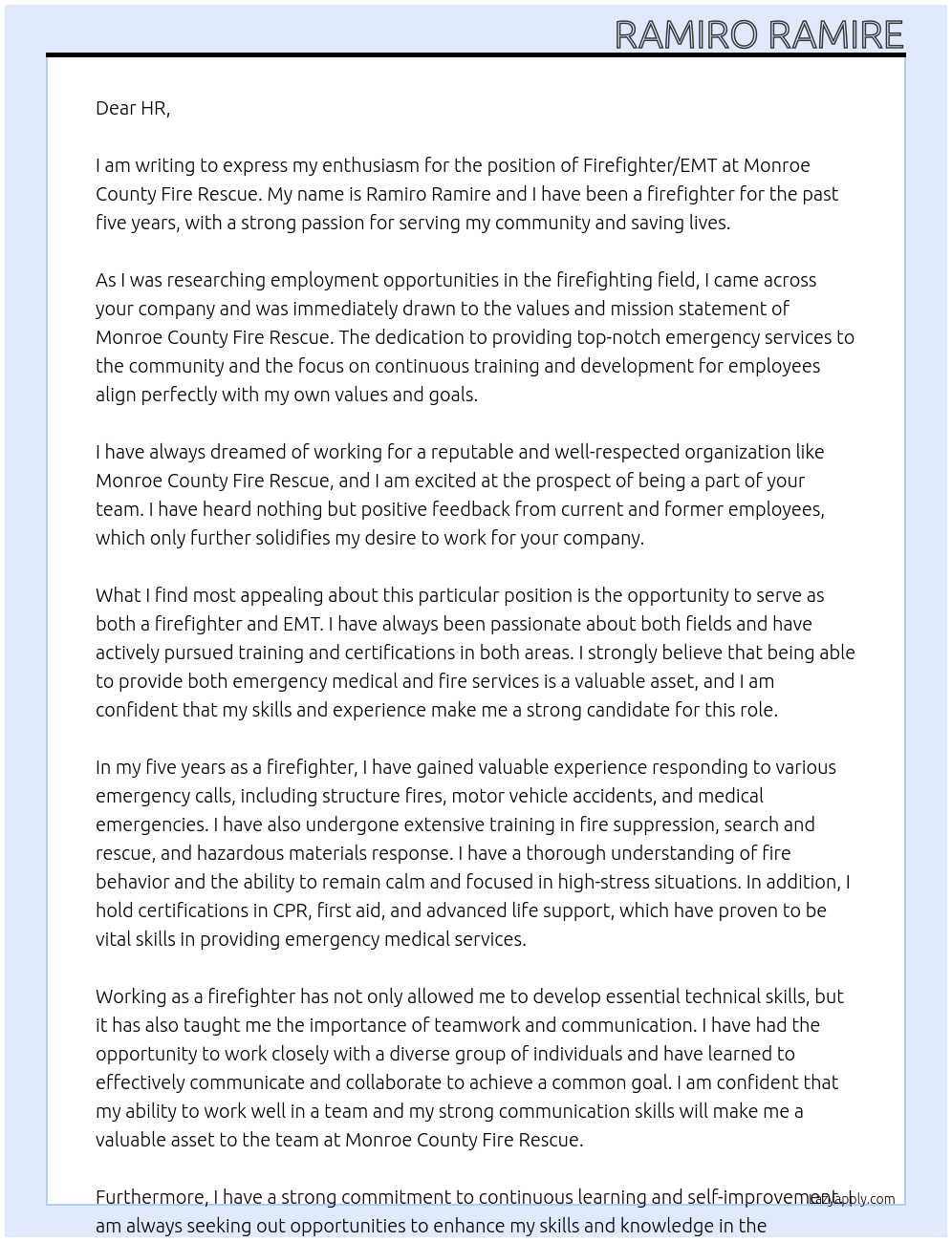 Cover letter for firefigher/emt - LazyApply