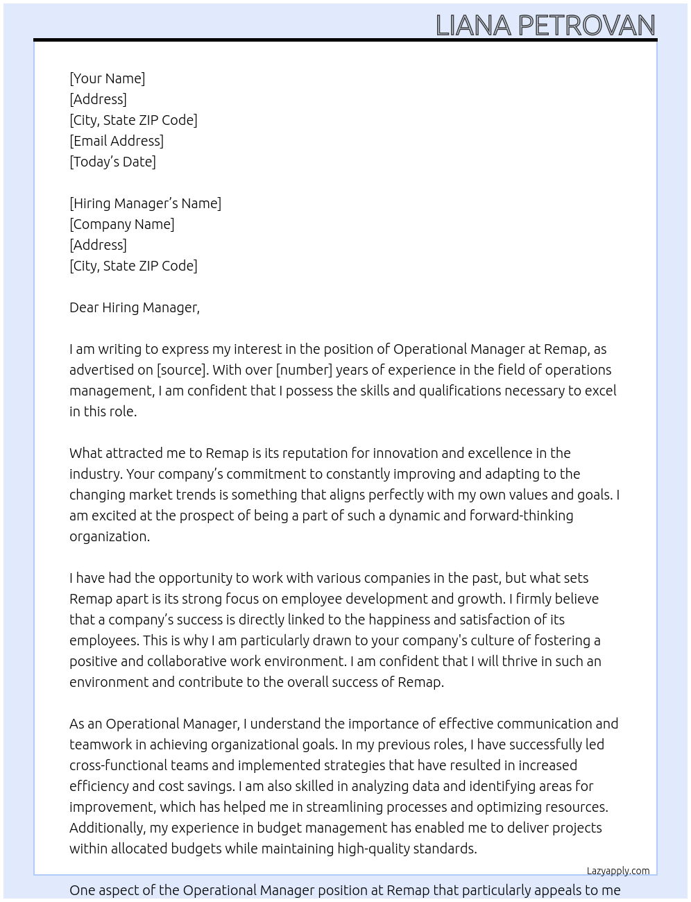 operational manager At Remap Cover Letter