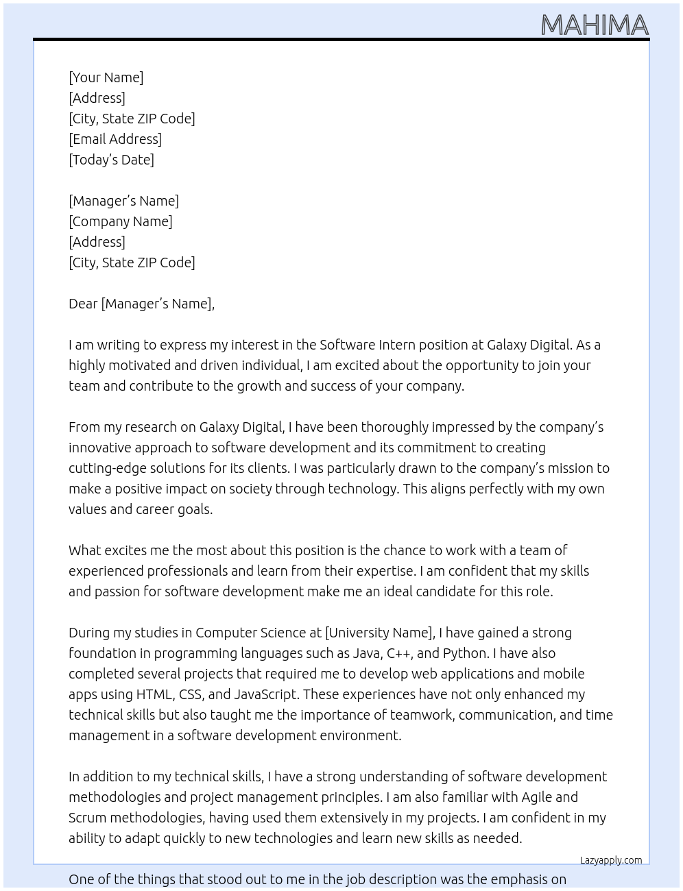 software intern At galaxy digital Cover Letter