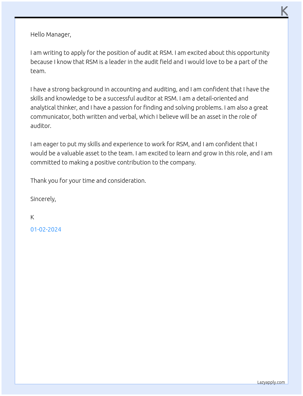 audit At rsm Cover Letter