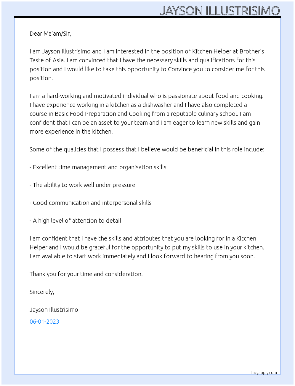 Kitchen Helper At Brother's Taste of Asia Cover Letter