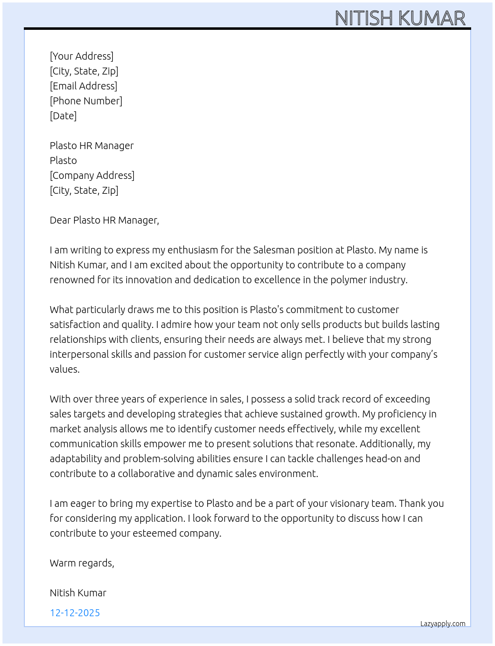 salesman At PLASTO Cover Letter
