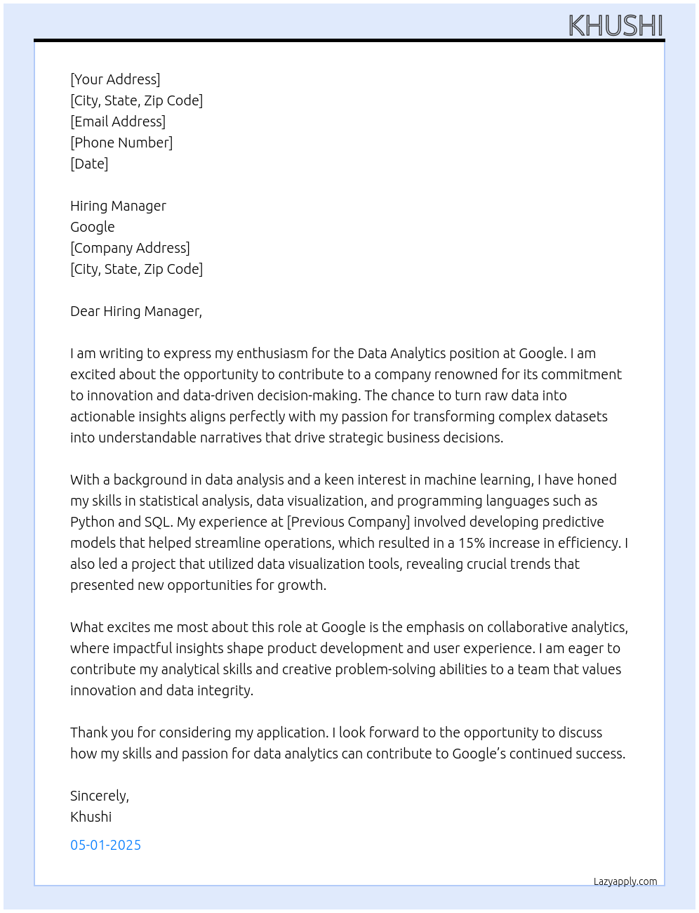 Data Analytics At Google Cover Letter