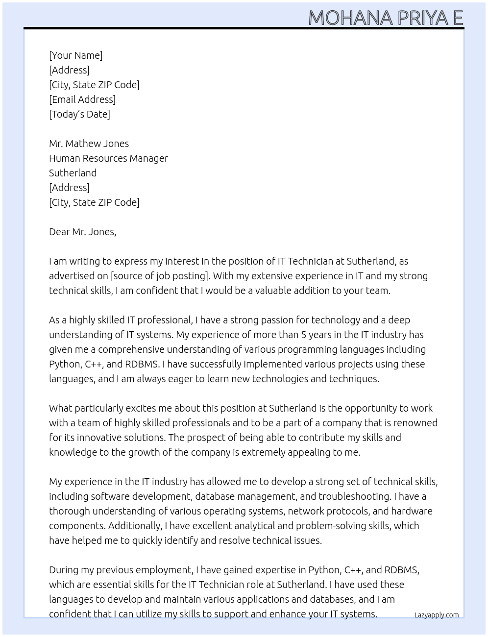 IT Technician At Sutherland Cover Letter