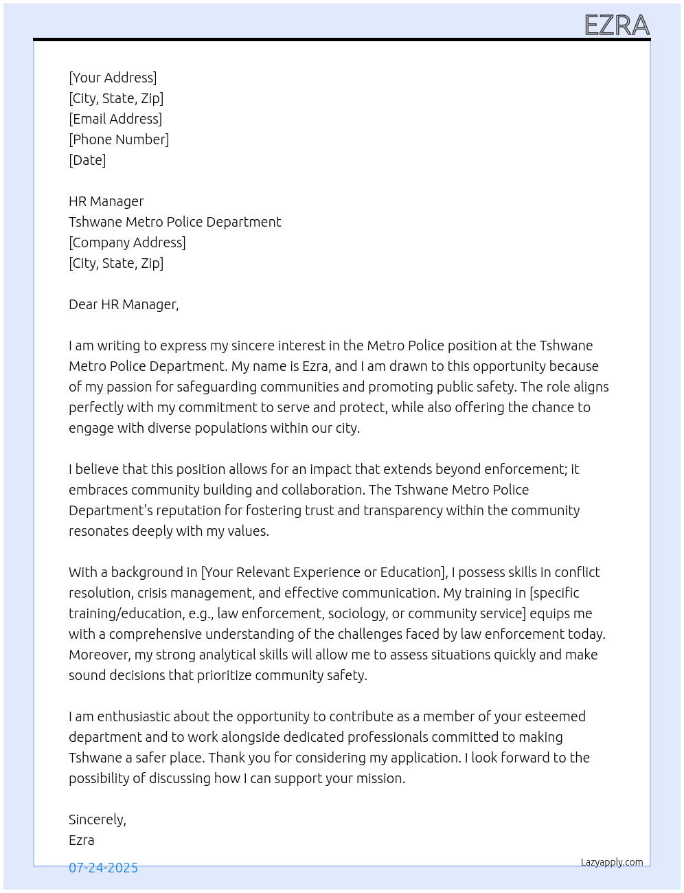 Metro police At Tshwane metro police department Cover Letter