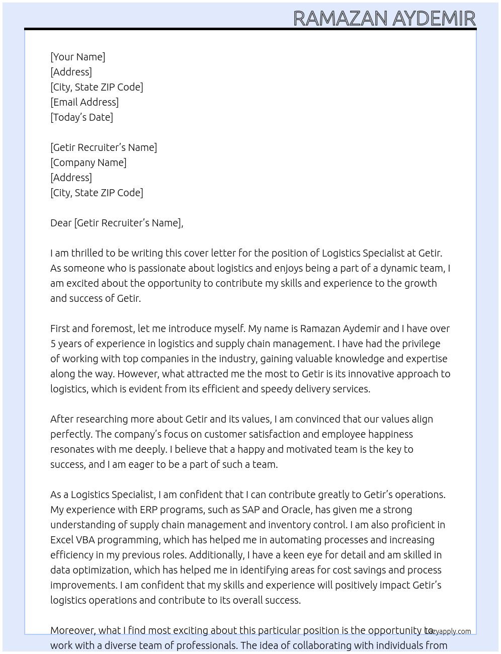 Logistics Specialist At getir Cover Letter