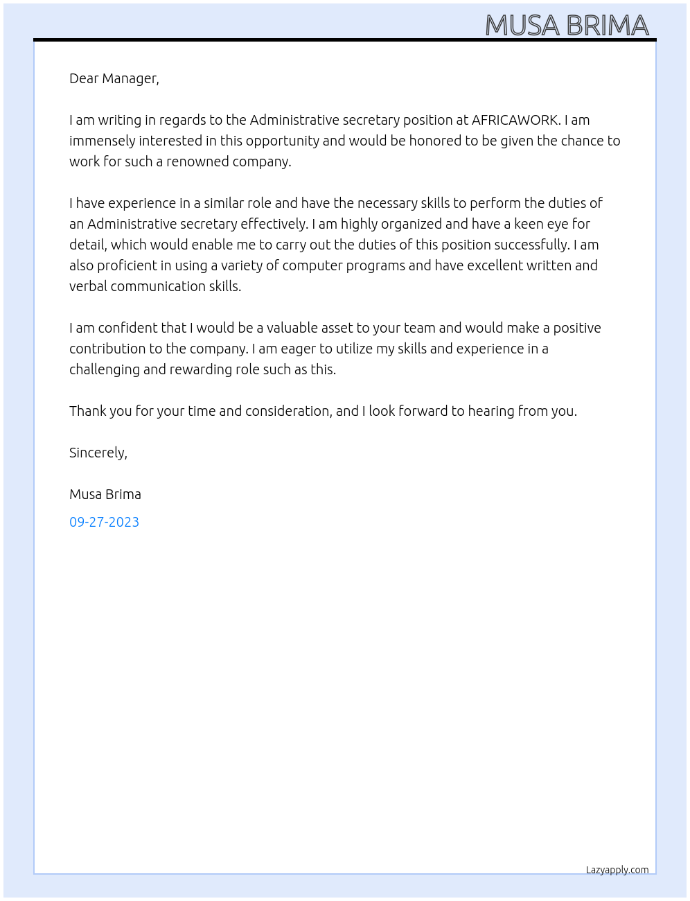 Administrative secretary At AFRICAWORK Cover Letter