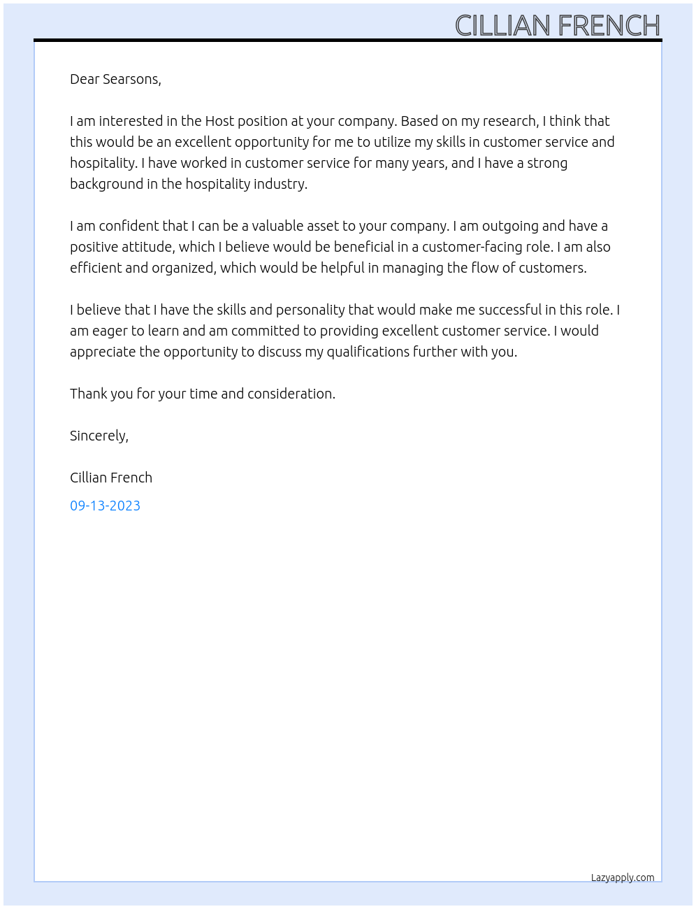 Host At Searsons Cover Letter