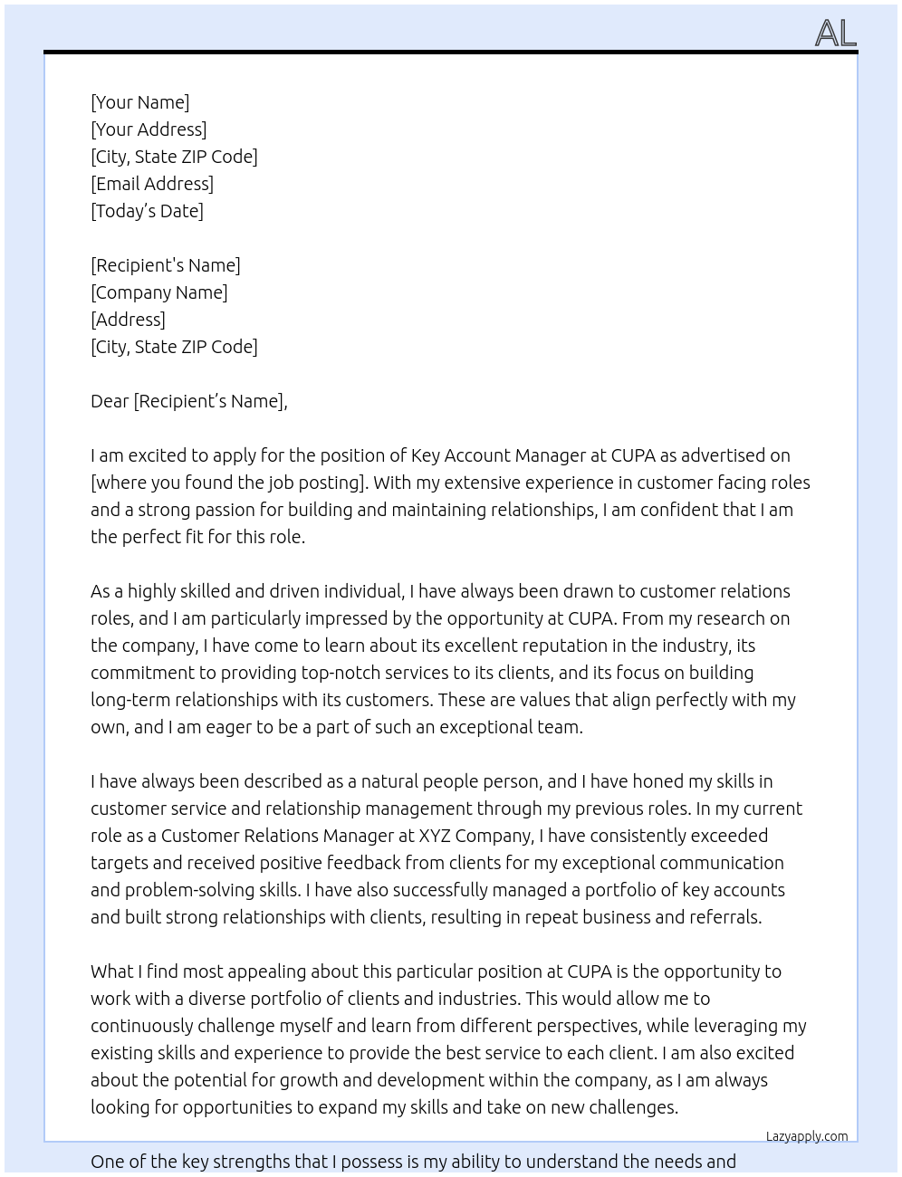 Key Account Manager At CUPA Cover Letter