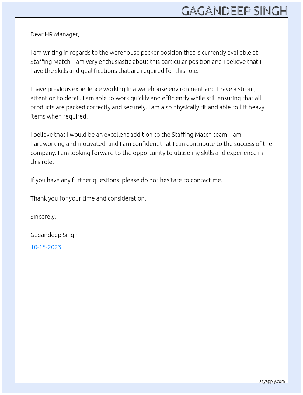Warehouse Packer At Staffing Match Cover Letter