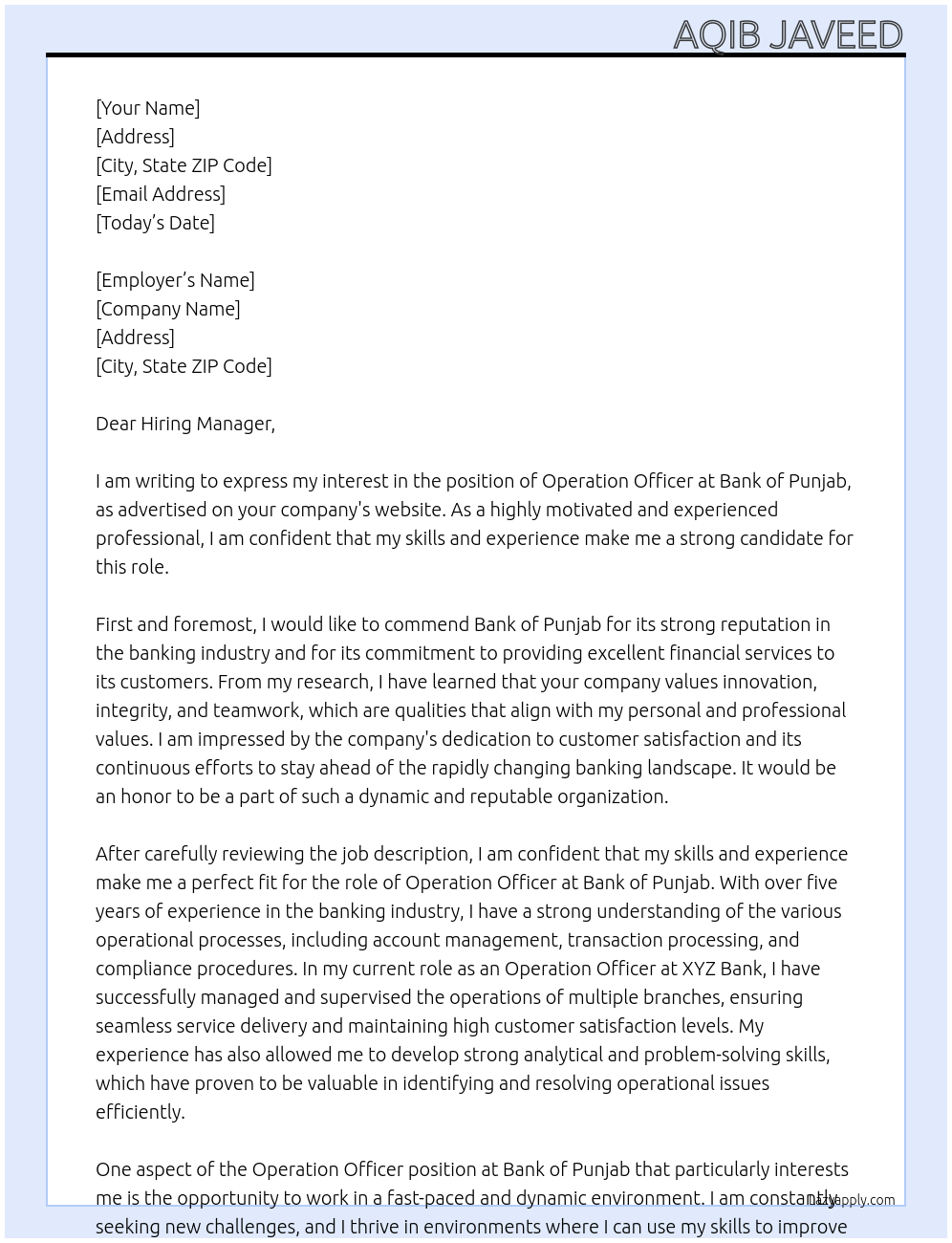 Operation Officer  At Bank of Punjab Cover Letter