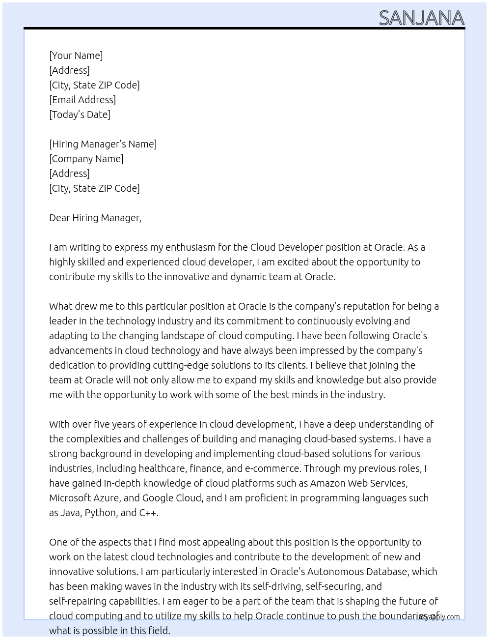 Cover letter for cloud developer - LazyApply