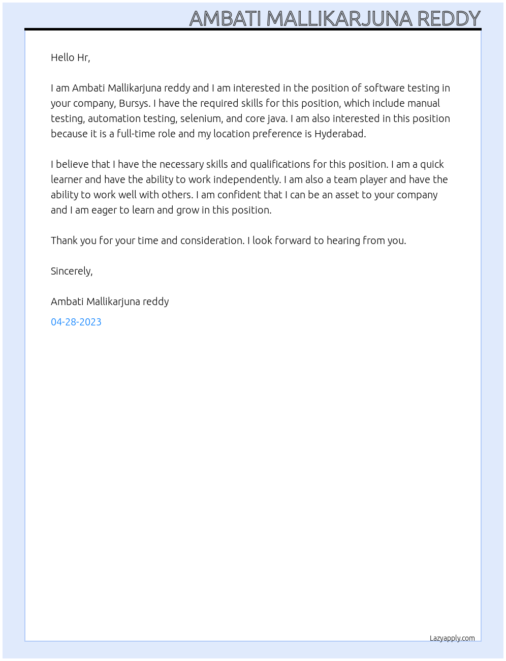 Software testing  At Bursys Cover Letter