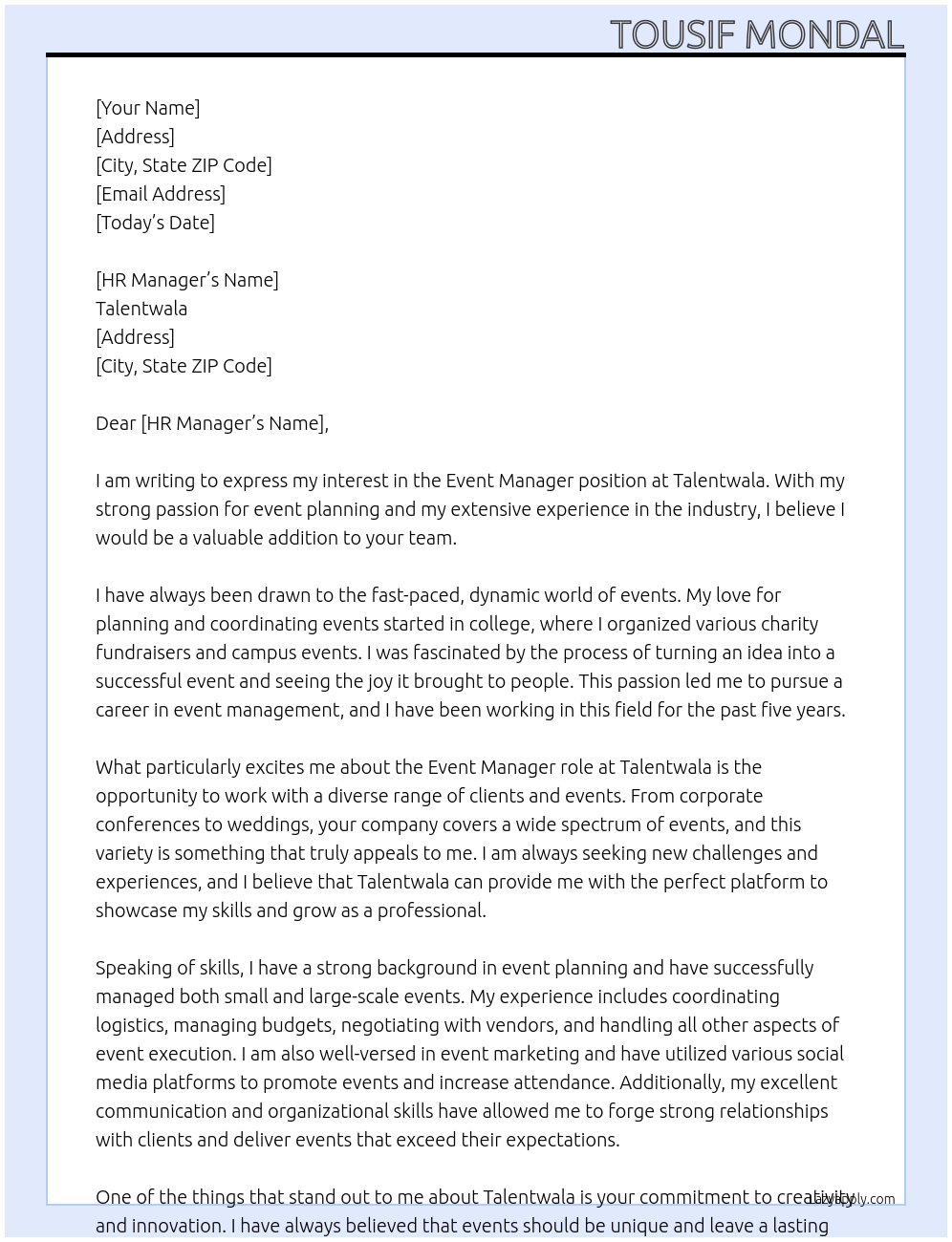 Event Manager At Talentwala Cover Letter