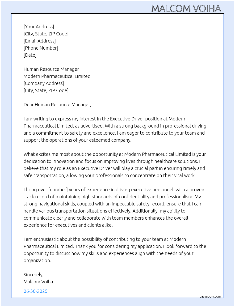 Cover letter for executive driver - LazyApply