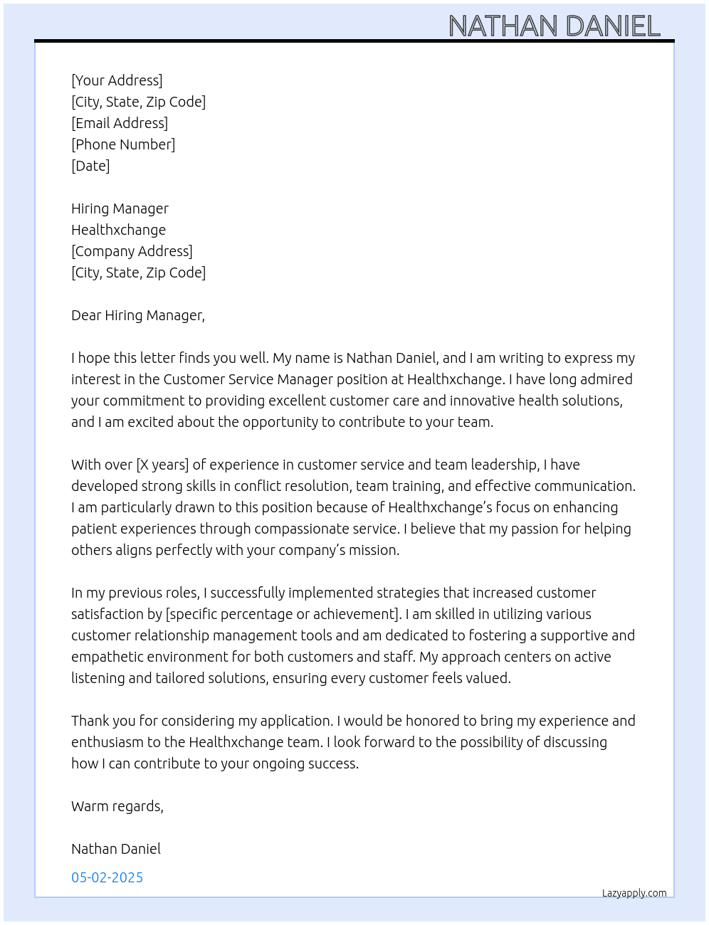 Customer service manager At Healthxchange Cover Letter