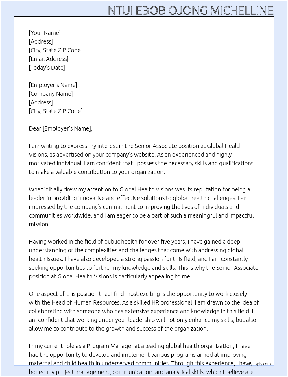 Senior Associate At Global Health Visions Cover Letter