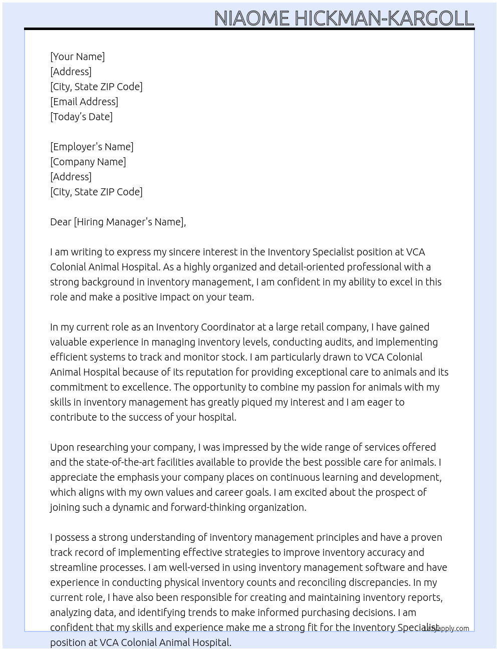 Inventory Specialist At VCA Colonial Animal Hospital Cover Letter