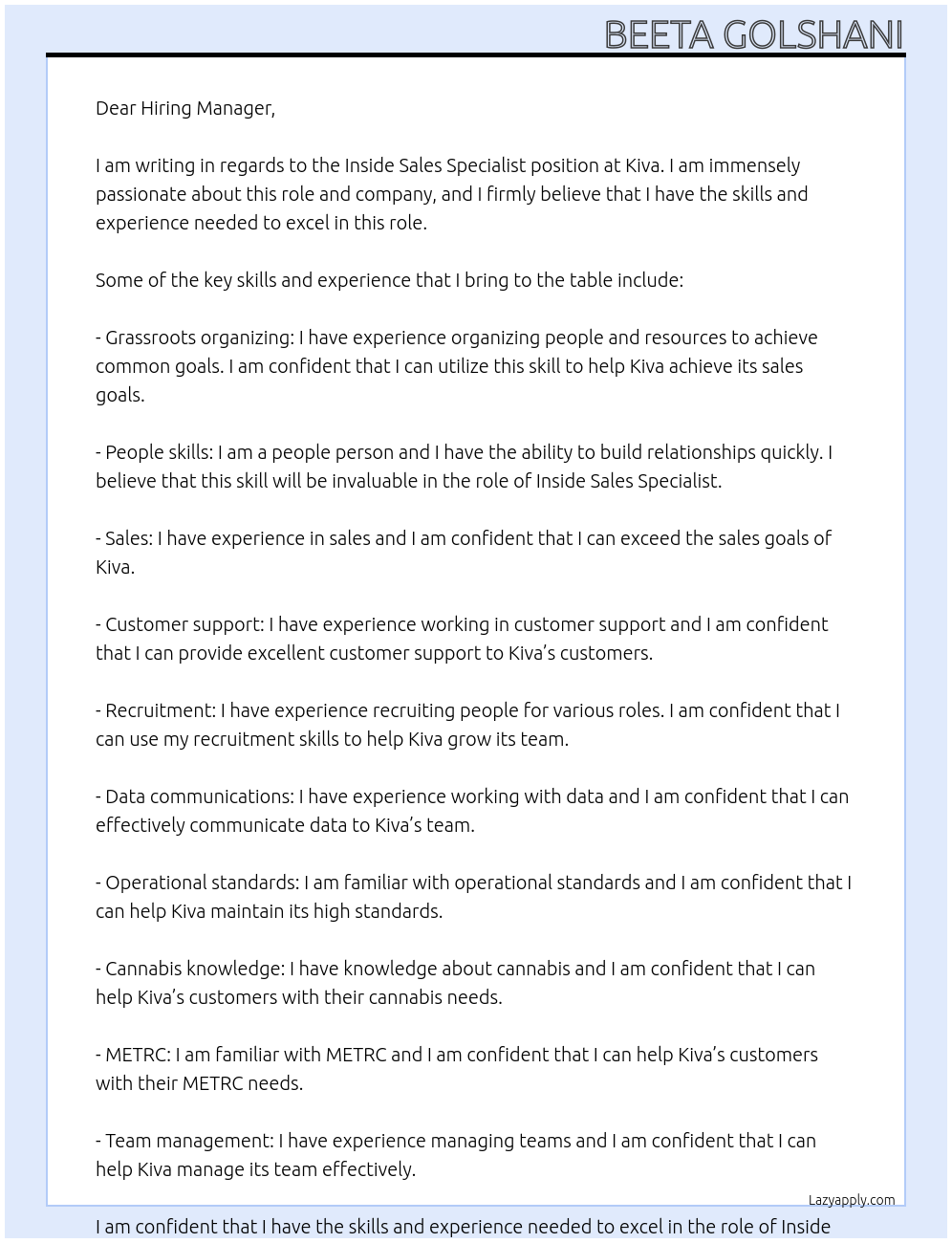 Inside Sales Specialist At Kiva Cover Letter