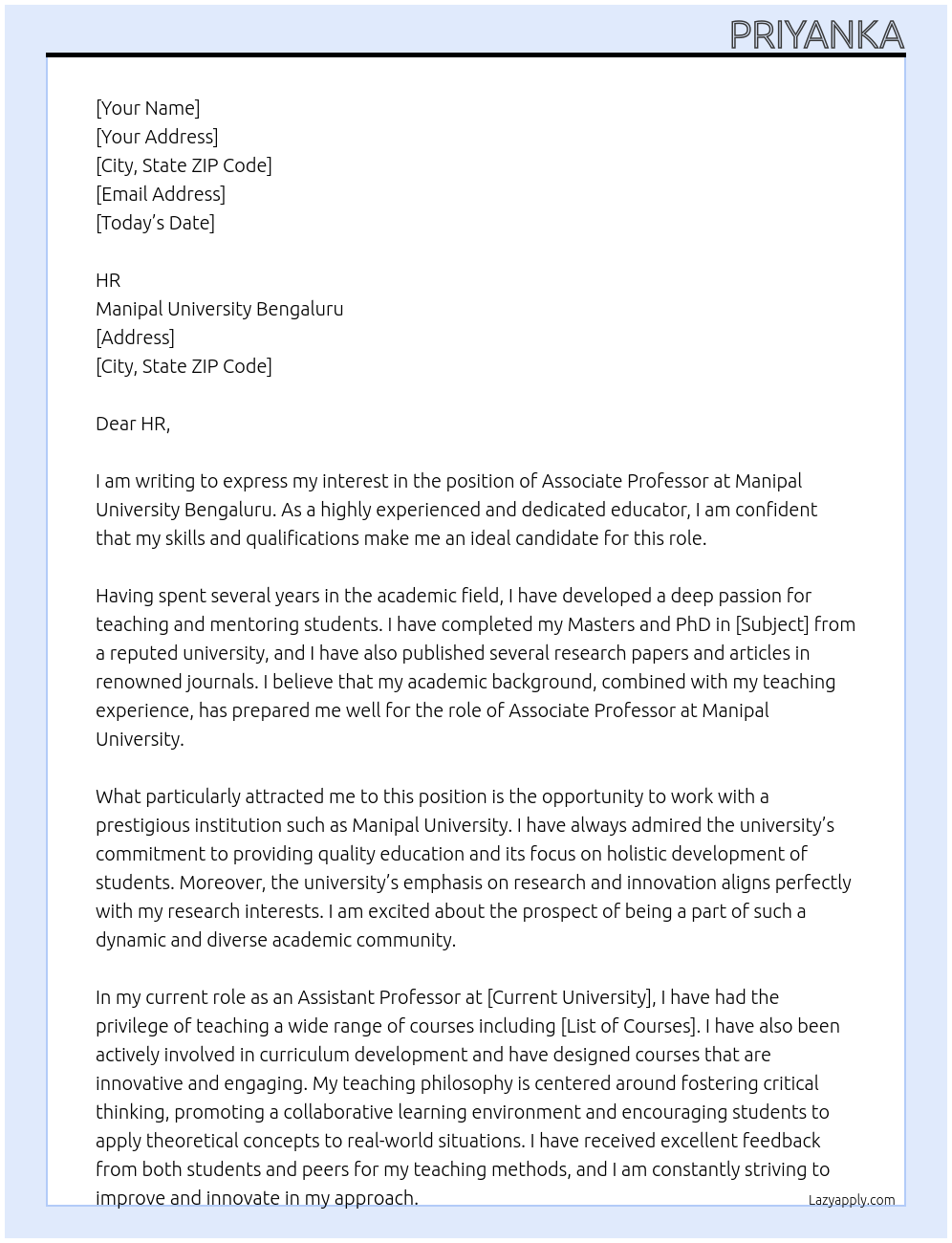 Associate Professor At Manipal university Cover Letter