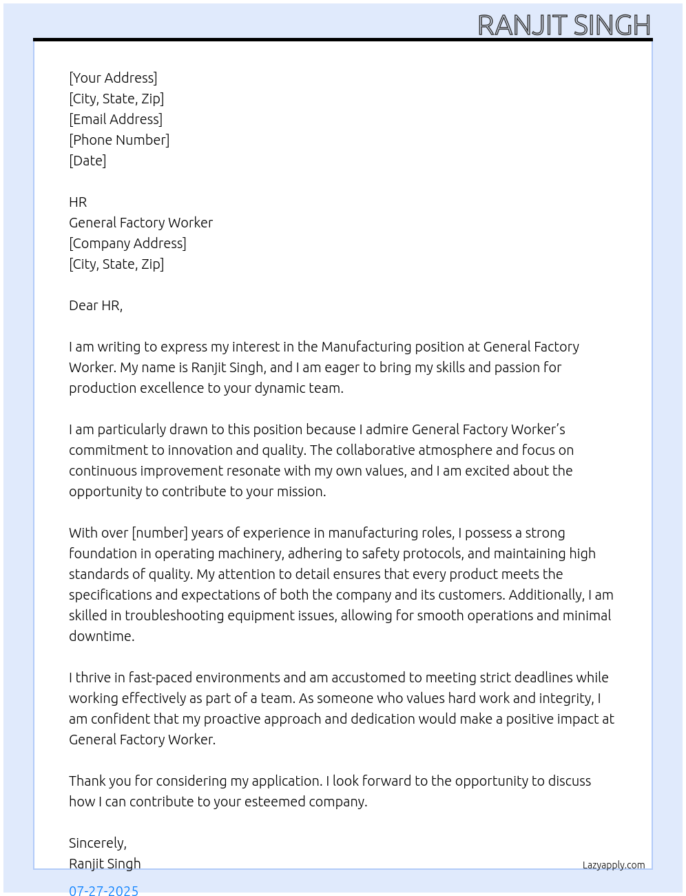 Manufacturing At General Factory Worker Cover Letter