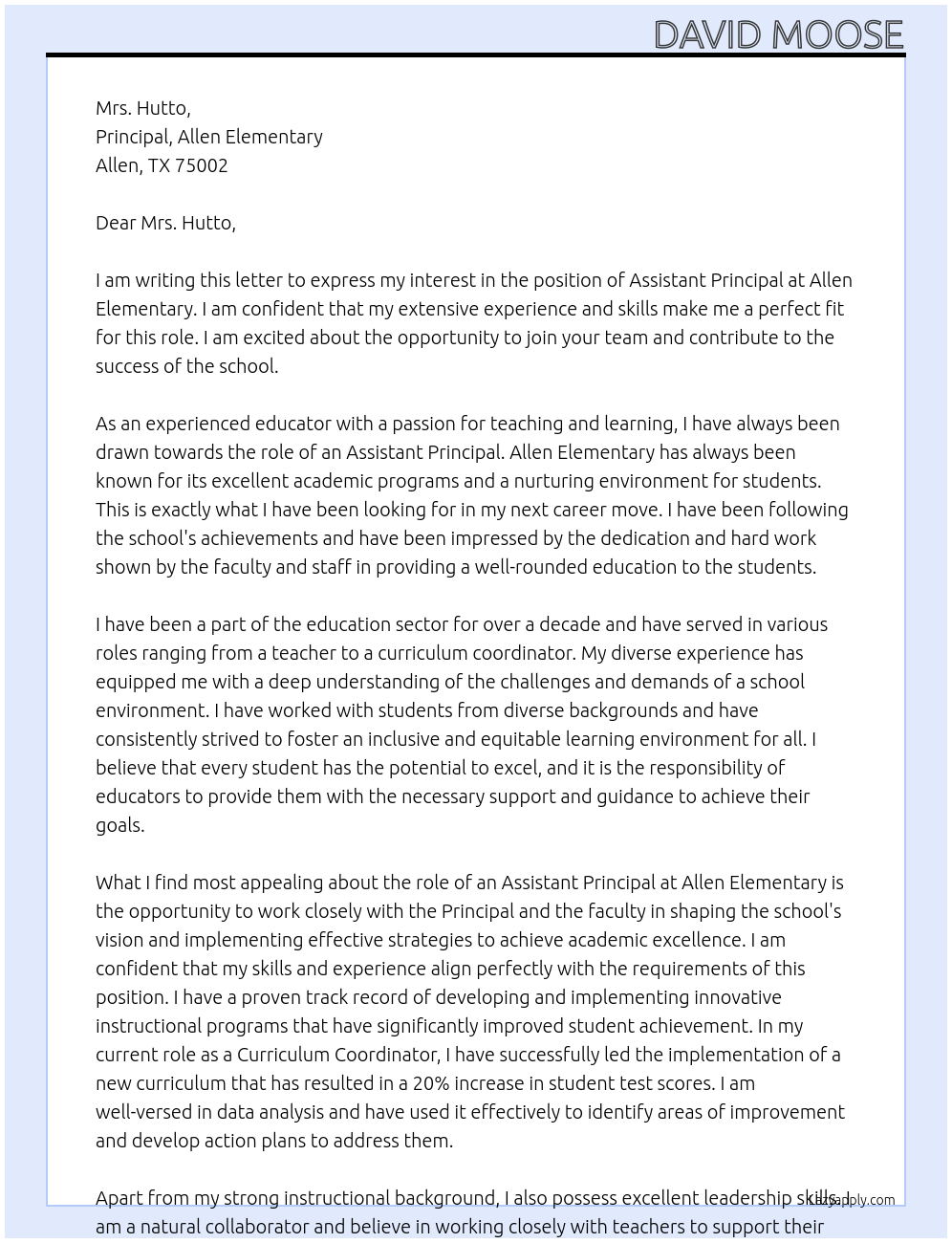 Assistant Principal At Allen Elementary Cover Letter
