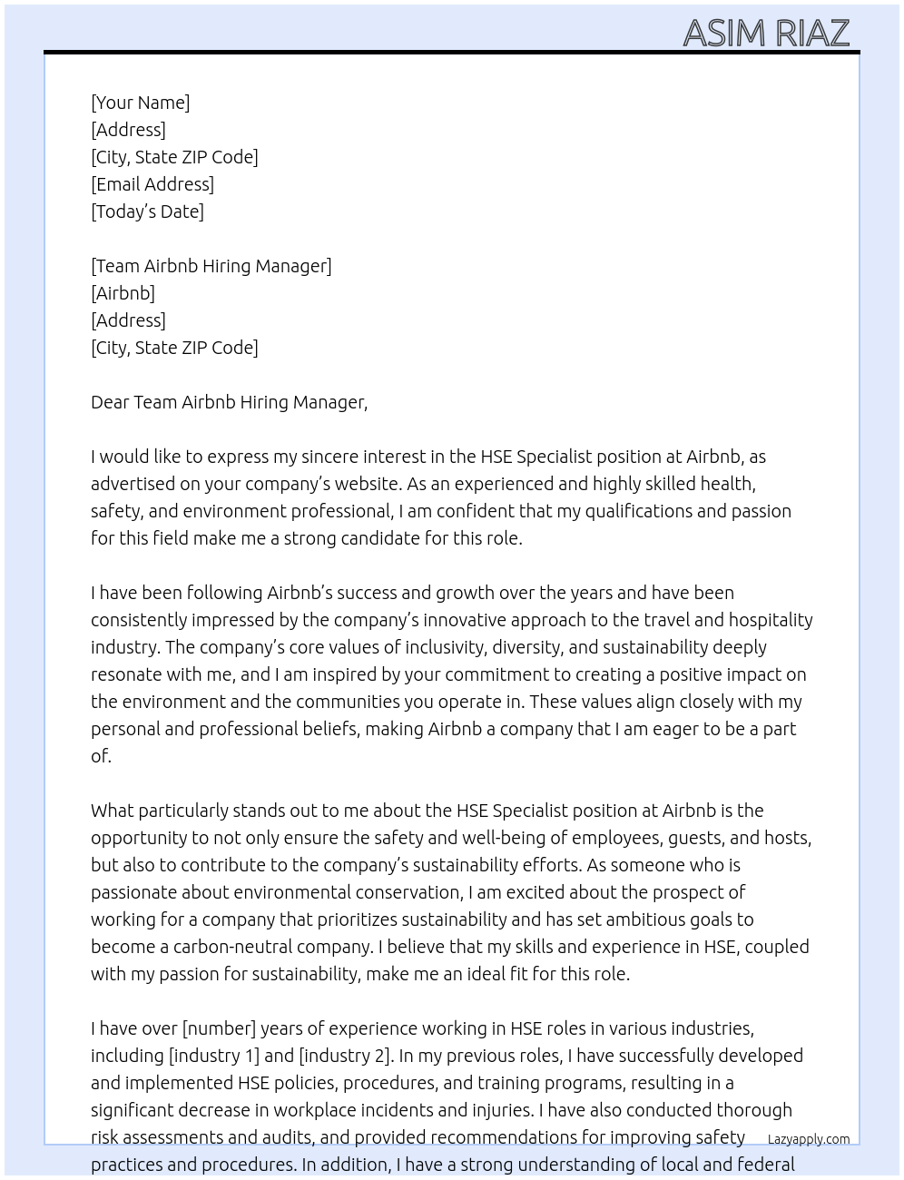 HSE Specialist  At Airbnb  Cover Letter