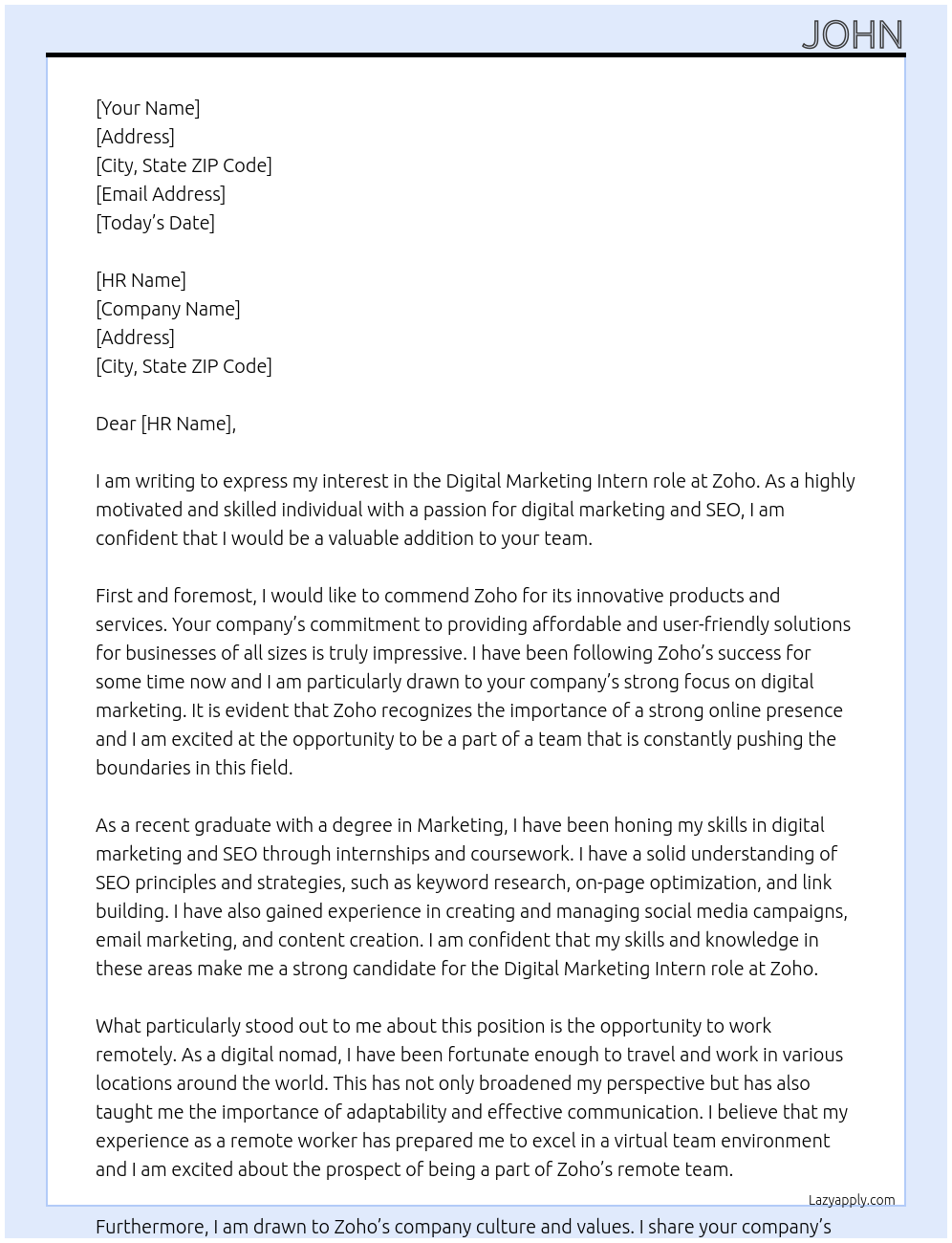 digital marketing At zoho Cover Letter