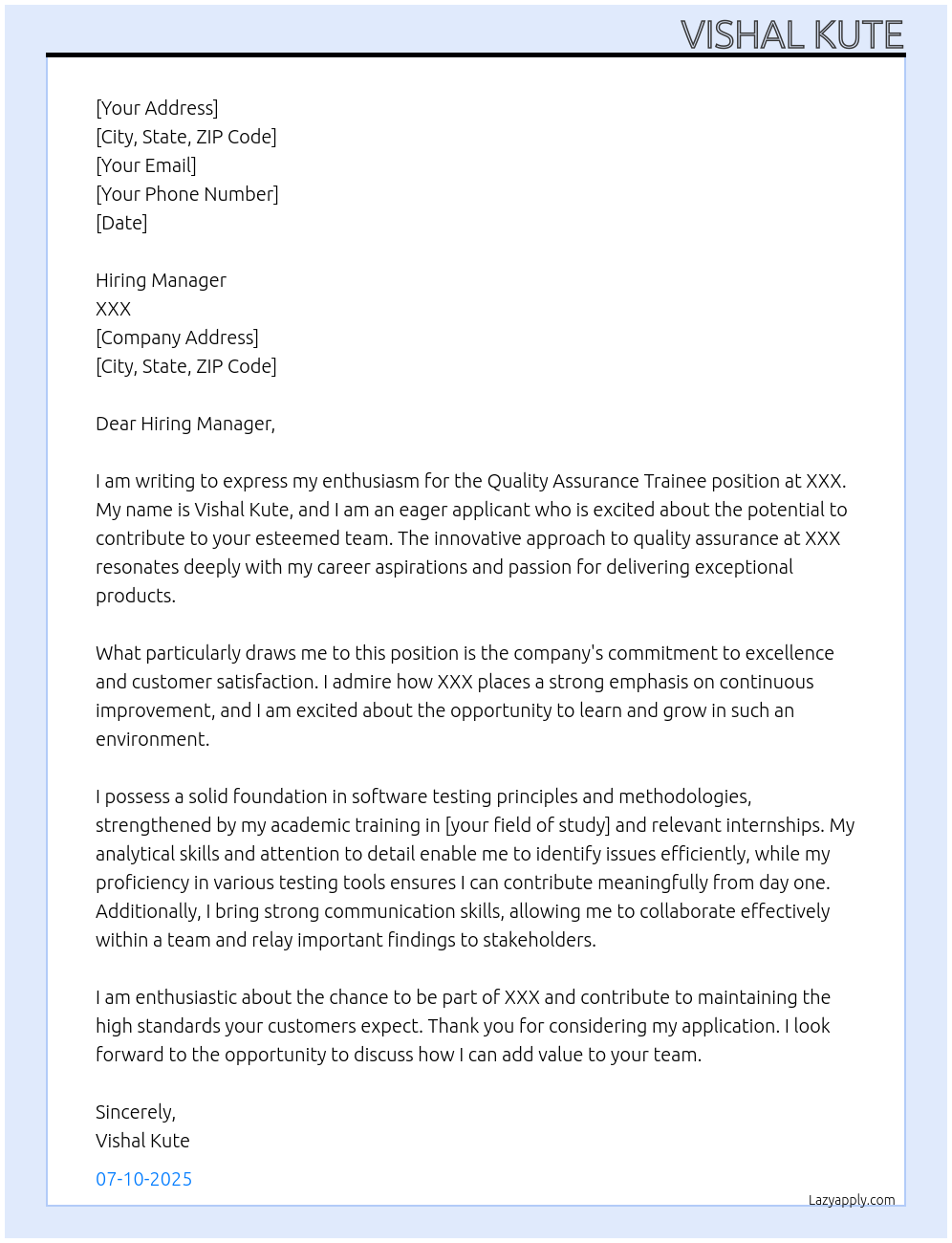 Quality Assurance Trainee At XXX Cover Letter