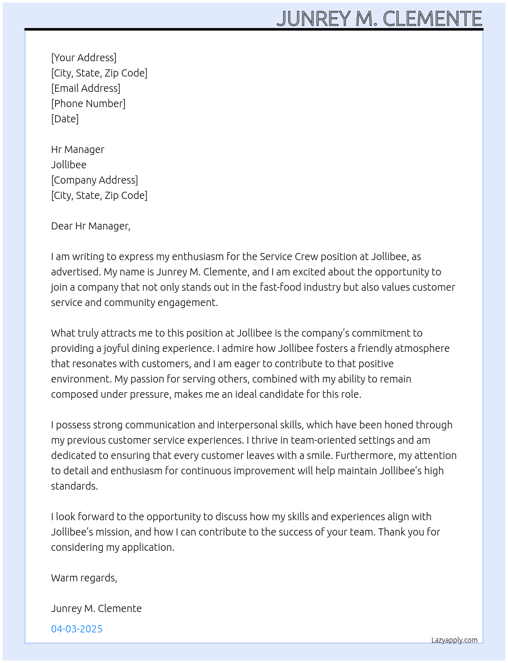 Service Crew At Jollibee Cover Letter