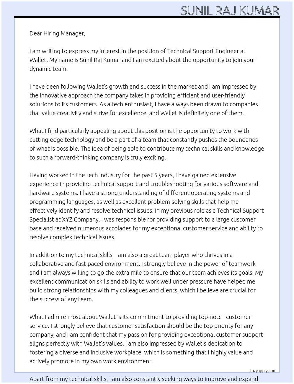 Technical Support Engineer At Wallet Cover Letter