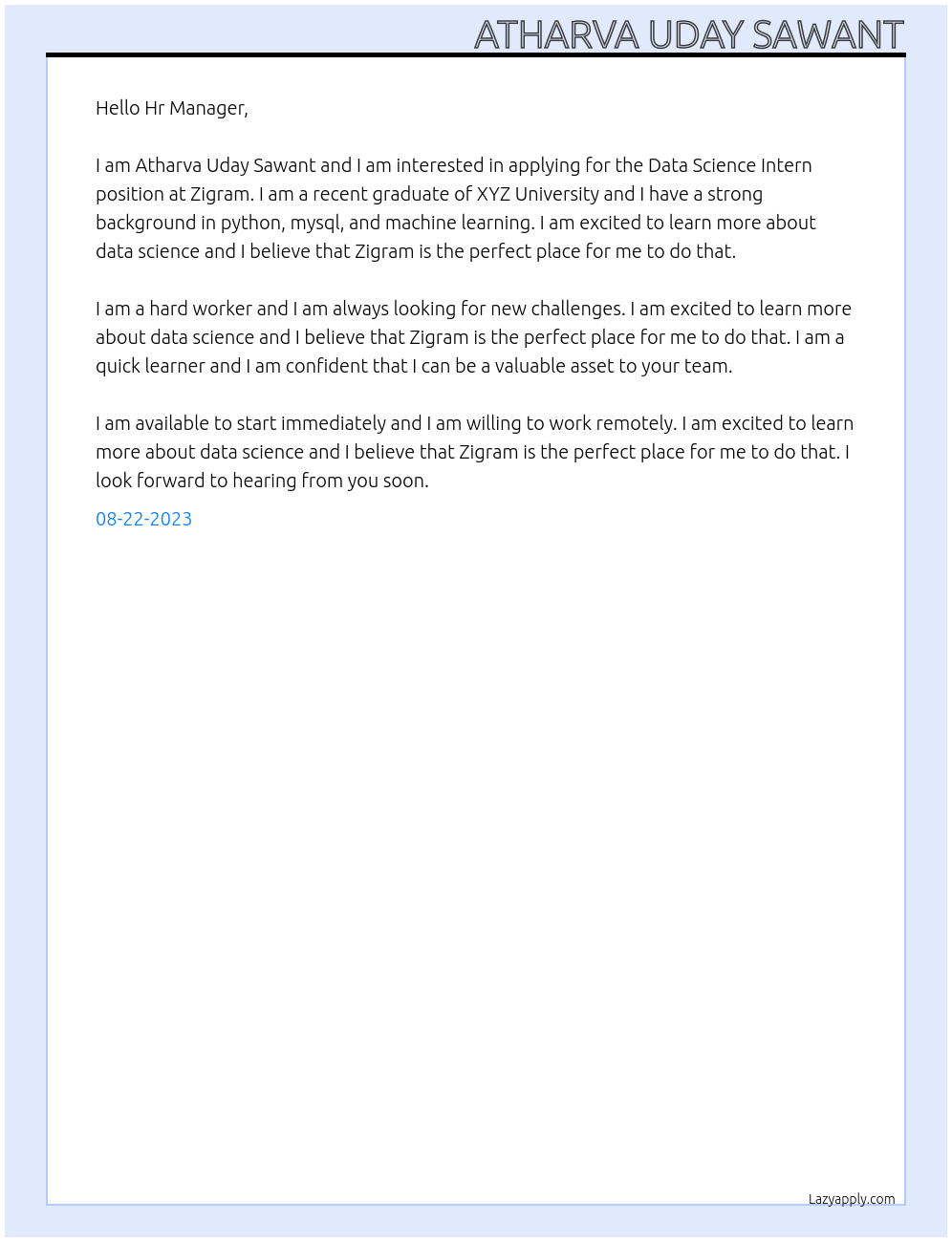 Data Science Intern At Zigram Cover Letter