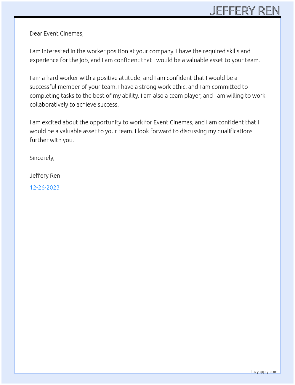 worker At Event cinemas Cover Letter