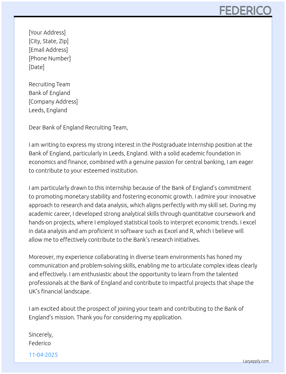 Postgraduete Internship At Bank of England Cover Letter