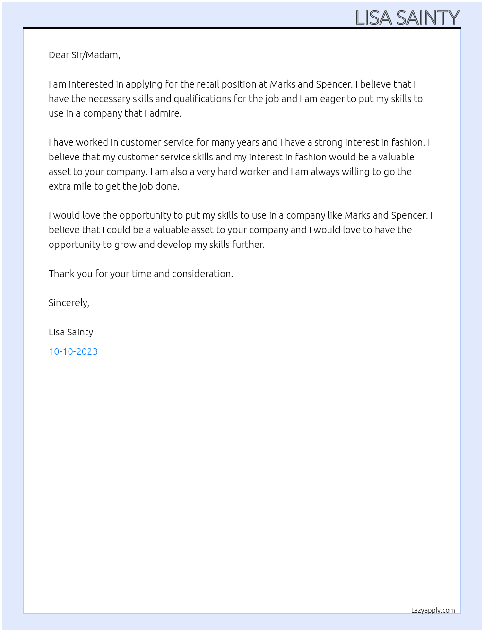 RETAIL At Marks and Spencer Cover Letter