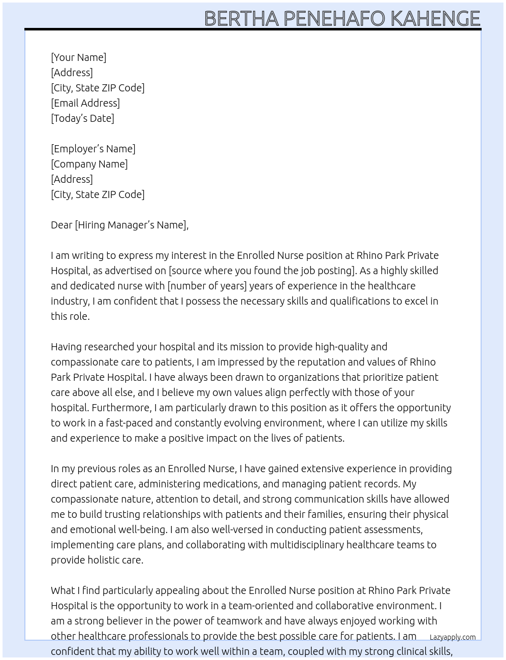 Enrolled Nurse At Rhino Park Private Hospital Cover Letter