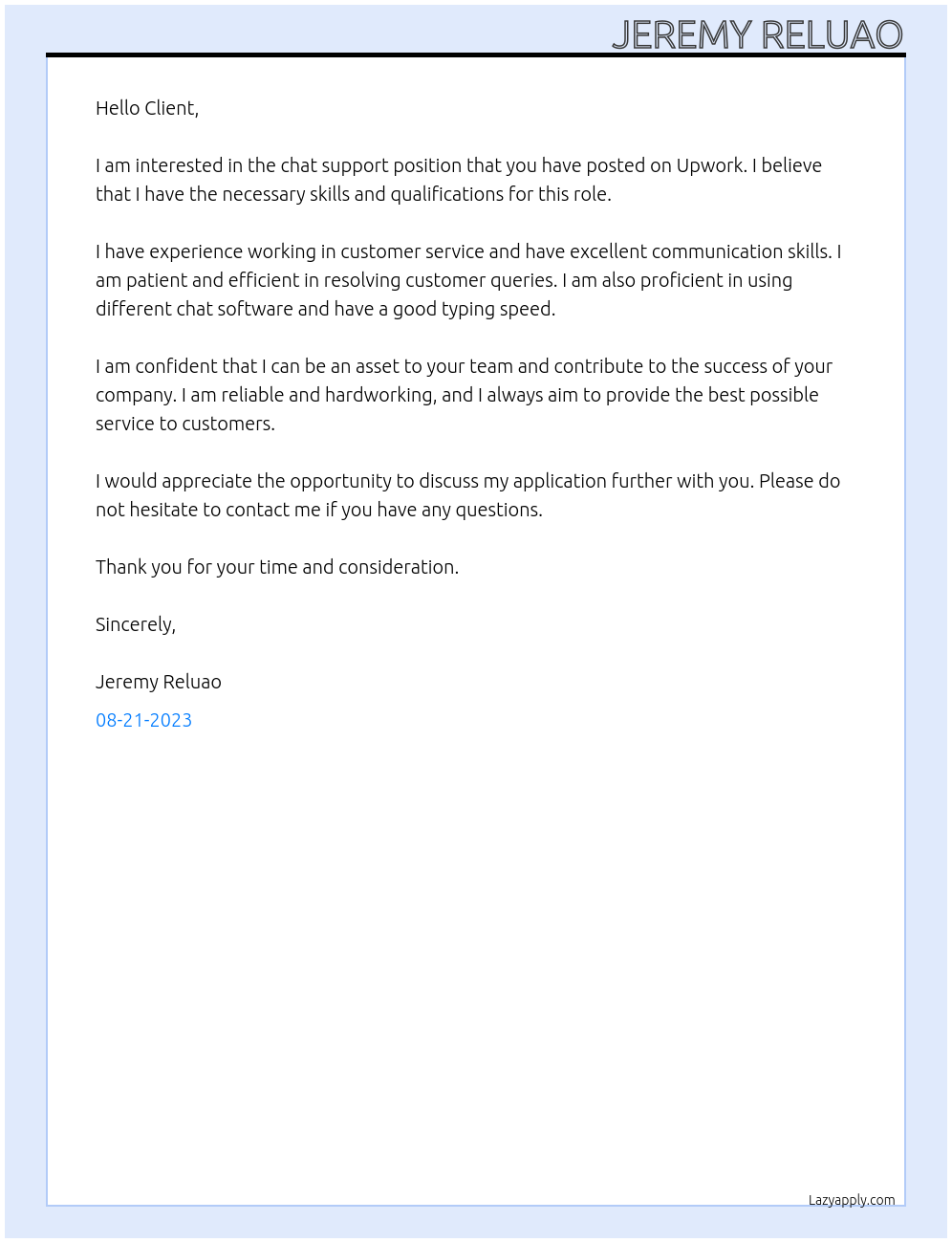 Chat support At Upwork Cover Letter