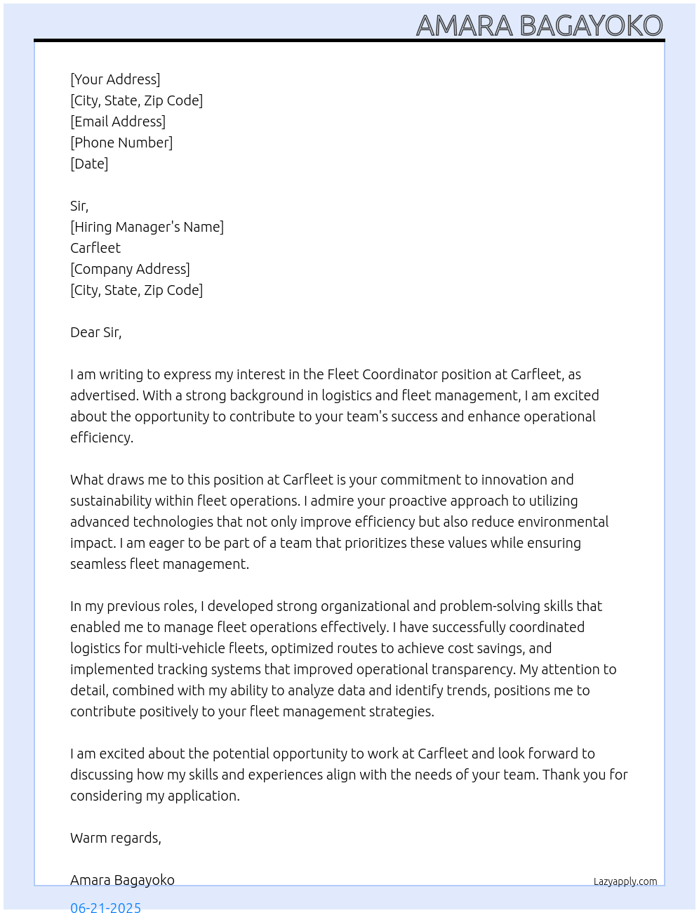 Fleet coordinator At Carfleet Cover Letter