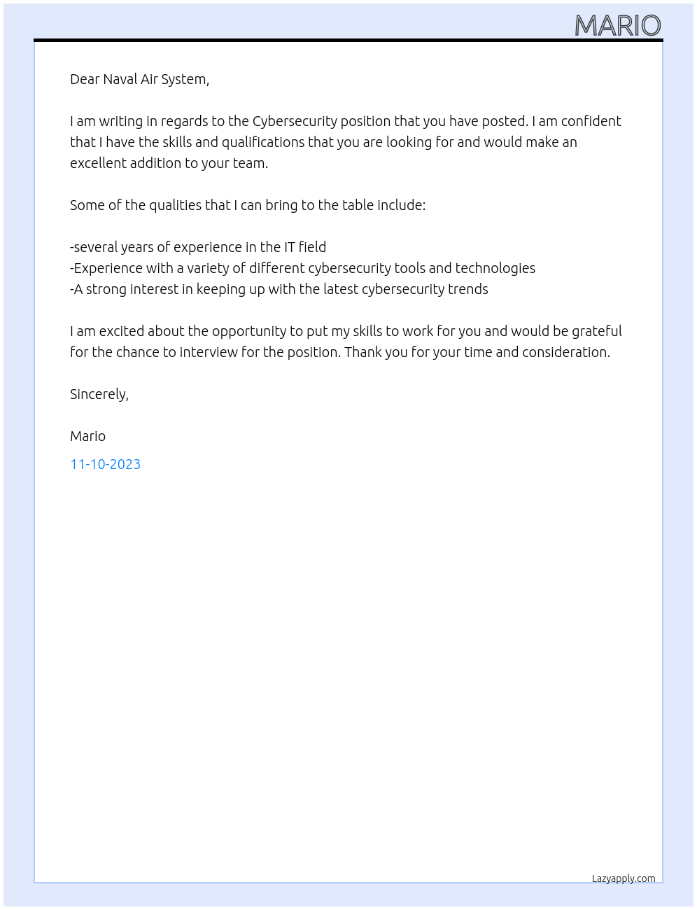 Cybersecurity At Naval Air System Cover Letter