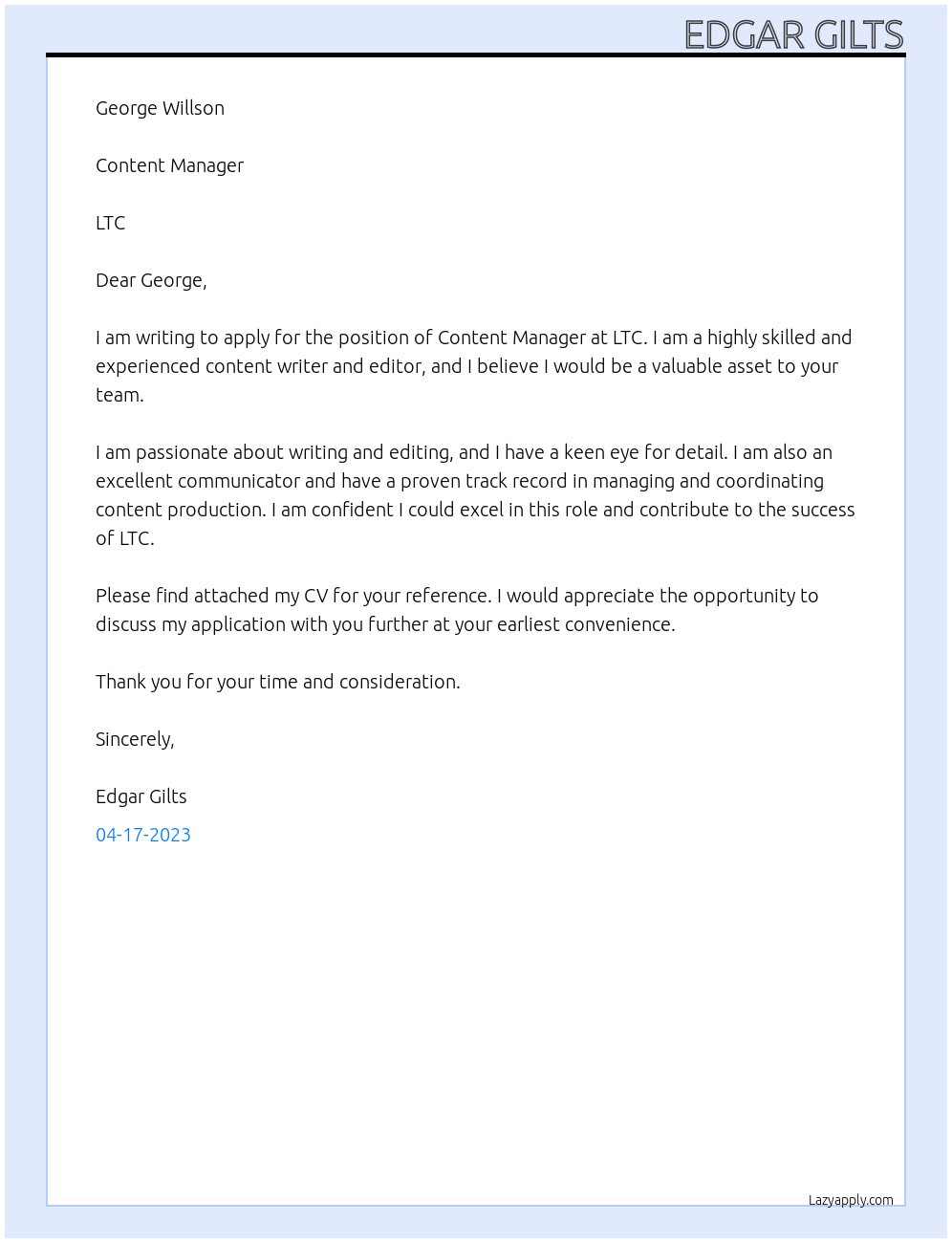 content manager At LTC Cover Letter