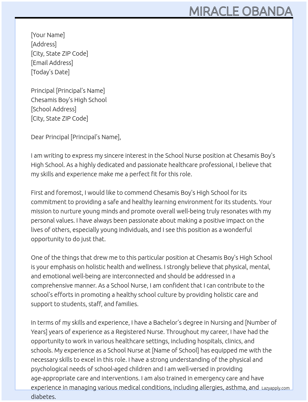 School nurse At Chesamis Boy's high school Cover Letter