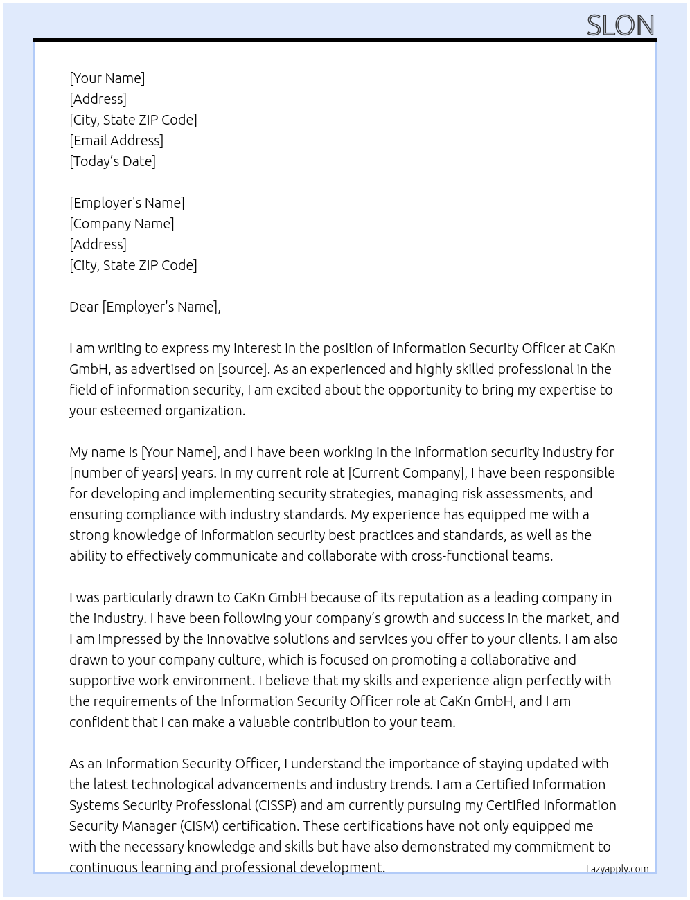 information security officer At CaKn GmbH Cover Letter